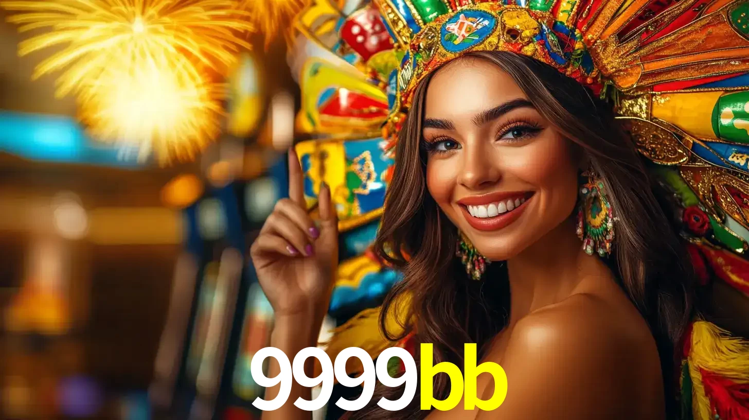 Mulher sorridente com um cocar de carnaval vibrante e colorido, celebrando uma grande vitória nos jogos do cassino 9999bb com fogos de artifício ao fundo.