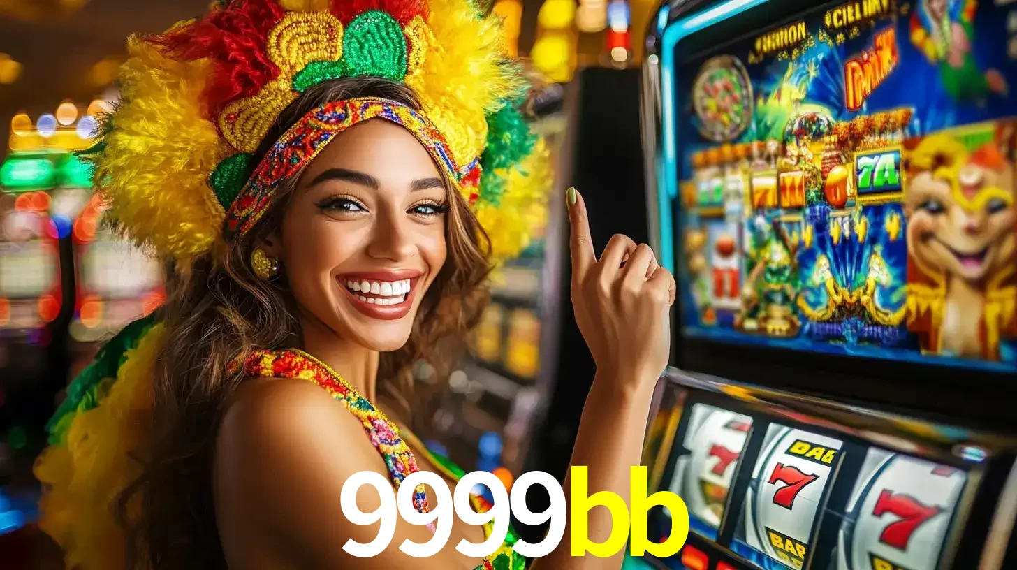 Mulher animada com um cocar de carnaval apontando para uma máquina de caça-níqueis, mostrando a emoção de ganhar um grande prêmio nos jogos do 9999bb.