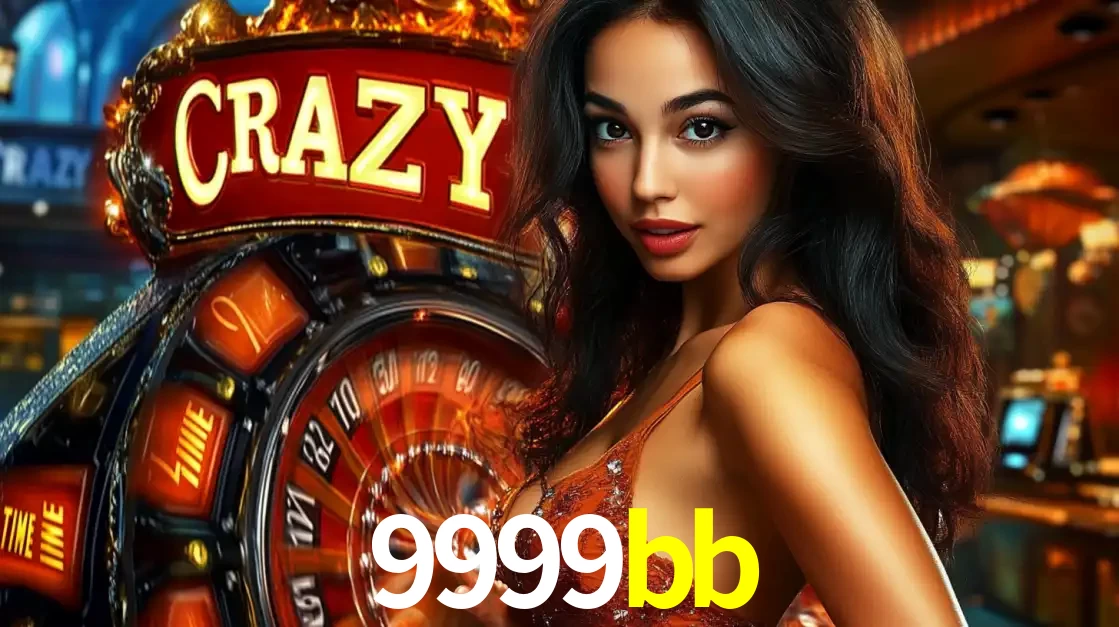 Mulher glamourosa olhando para a câmera com a roda vermelha do Crazy Time ao fundo em um ambiente de cassino, destacando a emoção dos jogos ao vivo no 9999bb.