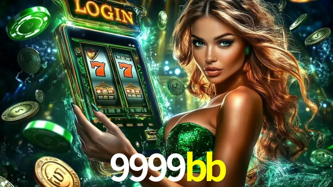 Mulher com tema verde apresentando o aplicativo do cassino 9999bb com um jogo de slot de 777, cercada por fichas de cassino e uma aura de sorte.