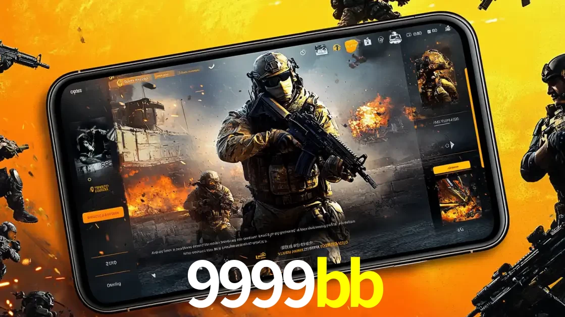Um smartphone exibindo a interface de um jogo de tiro em primeira pessoa, com um soldado em um cenário de batalha, representando a ação dos e-sports para apostar no 9999bb.