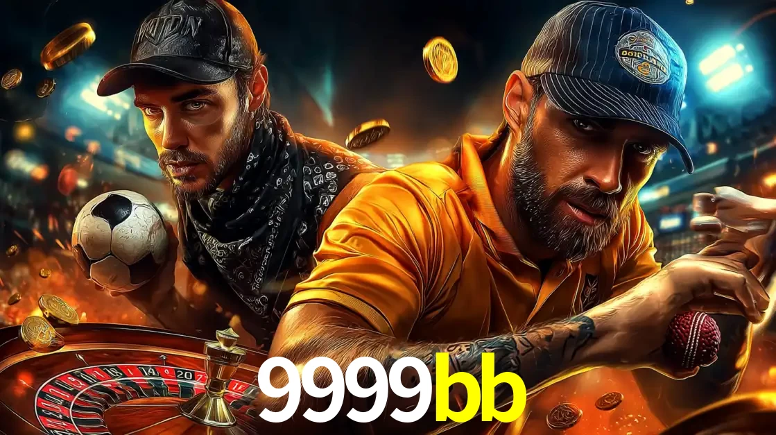 Montagem de apostas esportivas e cassino no 9999bb, com um homem segurando uma bola de futebol e outro uma de beisebol sobre uma roleta e moedas voadoras.