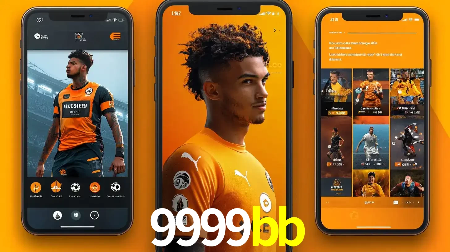 Interface do aplicativo de apostas esportivas 9999bb em três telas de celular, mostrando o perfil de um jogador de futebol e a lista de jogos disponíveis para apostar.