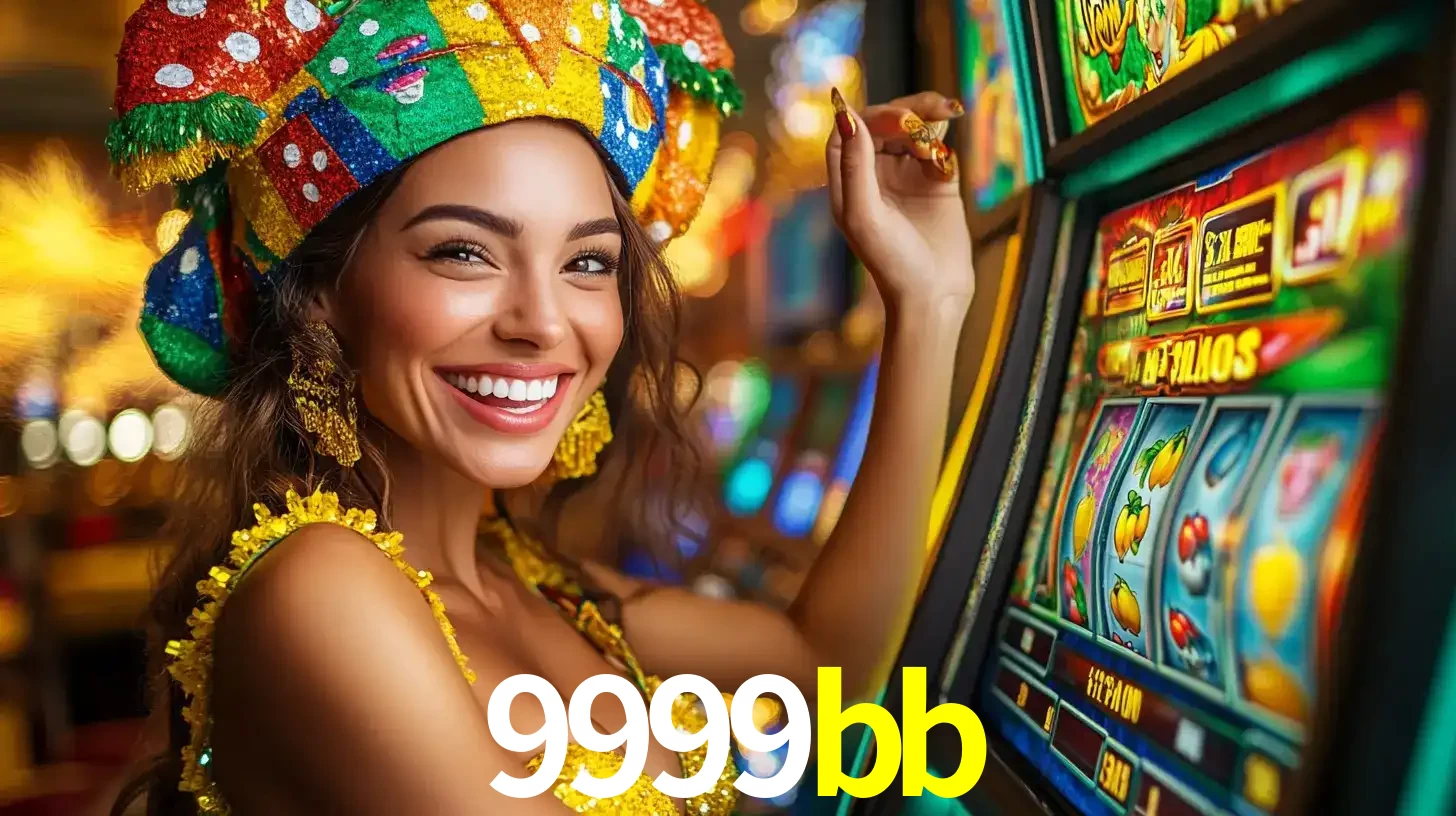 Mulher feliz com traje de carnaval amarelo e colorido ao lado de uma máquina de caça-níqueis, aproveitando a diversão e os jogos temáticos do cassino 9999bb.