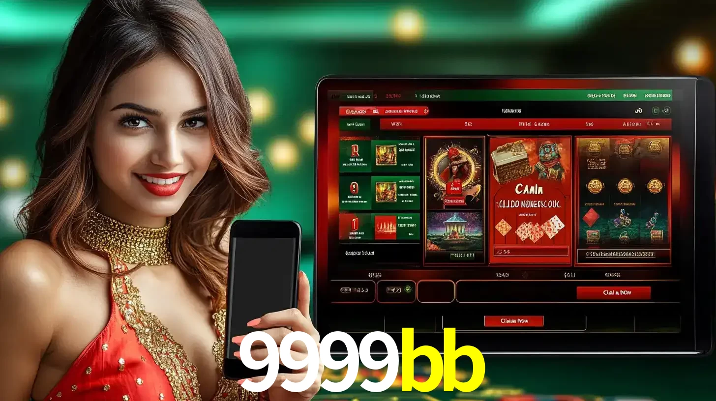 Mulher sorridente segurando um smartphone, ao lado de uma tela exibindo o lobby de jogos do cassino online 9999bb, com várias opções de jogos de cartas e slots.